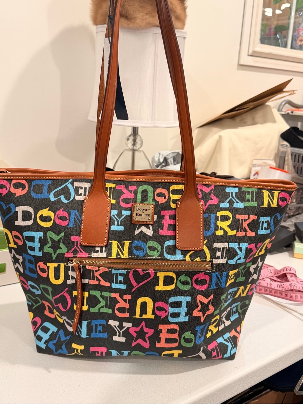Dooney & Bourke Black Multicolor Logo Tote with Brown Trim